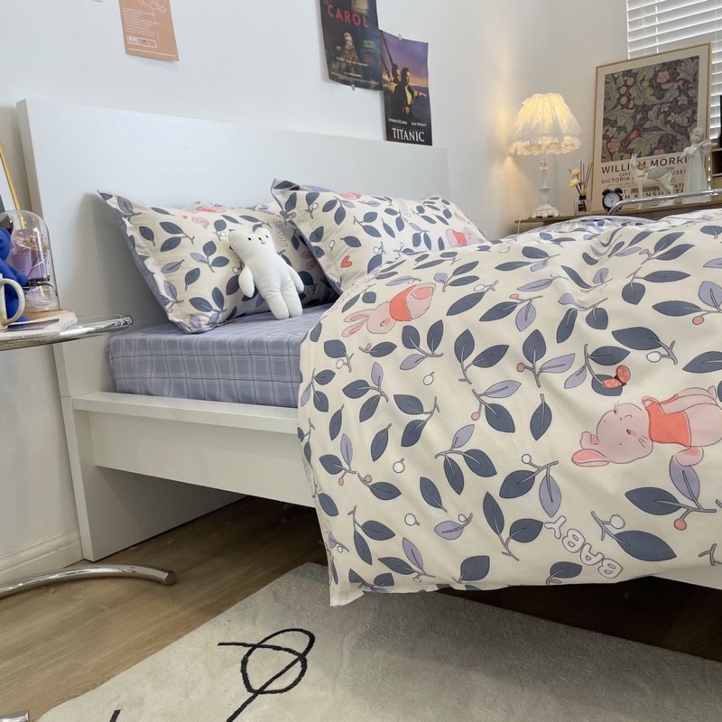 Set Bộ Vỏ Chăn Ga Gối Cotton Poly Thỏ Và Lá, Chất Vải Đanh Mát _shinbedding