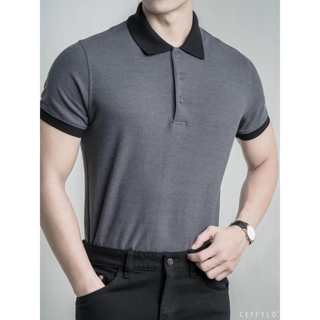 Áo Polo Xám Đậm Phối Bo Trơn vải Cotton mềm mịn CEFFYLO