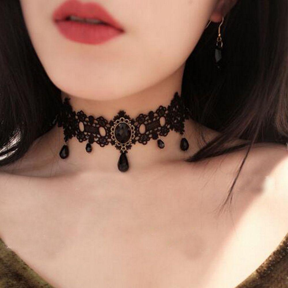 NEXTVN Vòng Cổ Choker Ren Màu Đen Đính Đá Pha Lê Phong Cách Gothic Cổ Điển