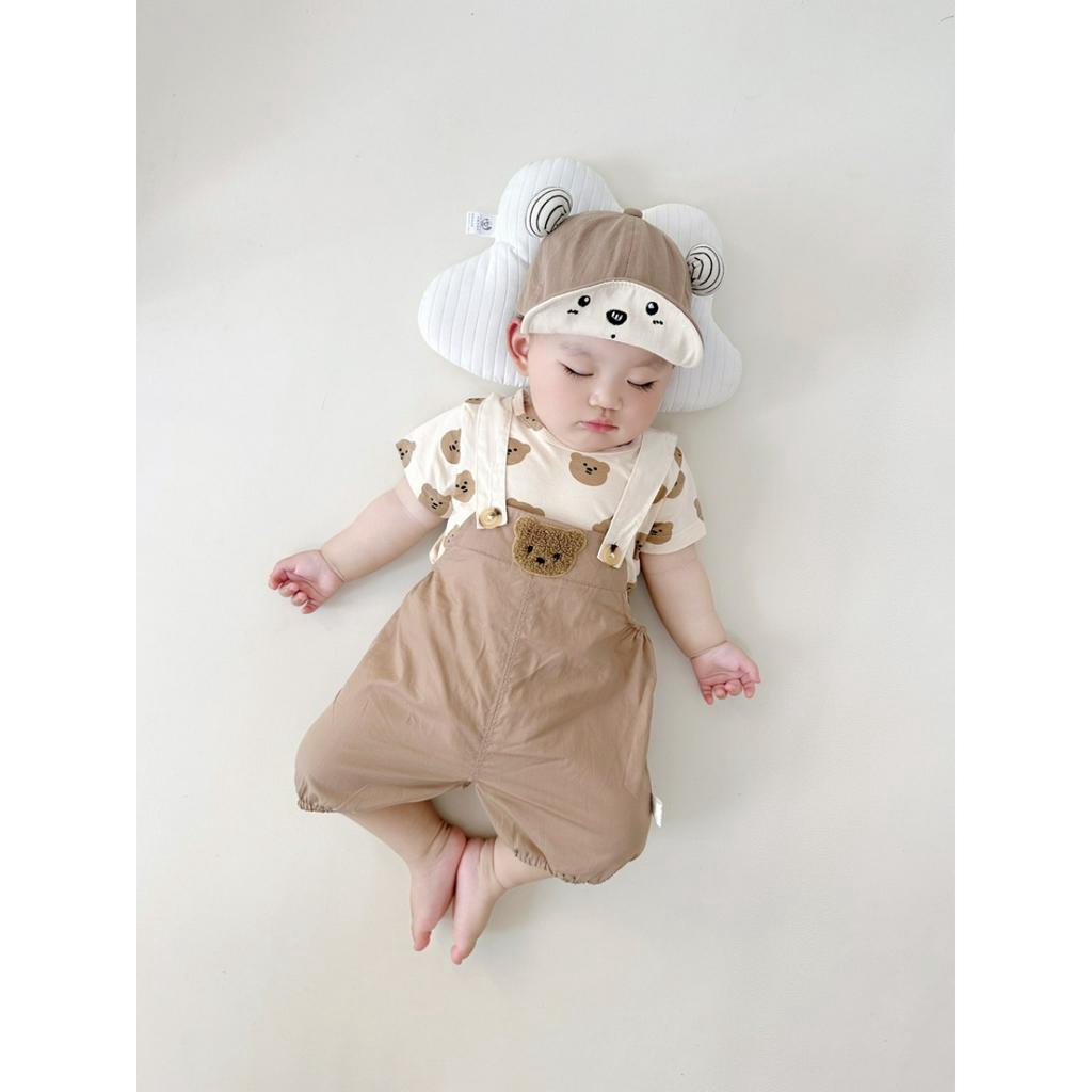 Quần áo đôi cho bé trai (6-16kg) màu nâu tây cực chất - Bộ yếm thô kèm áo thun chất cotton thêu gấu