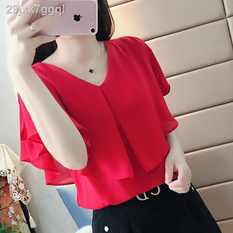 áo trễ vaiÁo voan trễ vai nữ tay ngắn 2021 phiên bản Hàn Quốc mới mùa hè dáng rộng và mỏng V - blouse cổ yếm ki