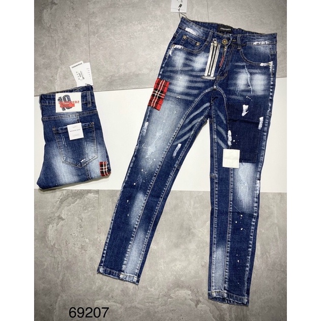 Quần bò Biker Dsquared2 xanh khoá vàng vá đỏ mới hot trend 2021