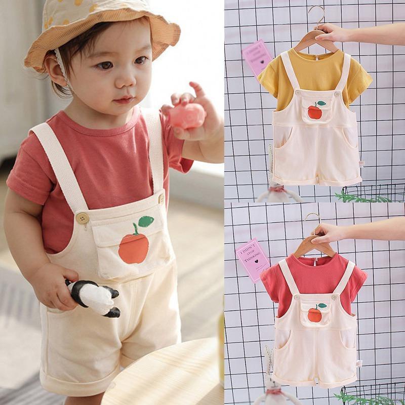 Bộ Áo Thun Tay Ngắn + Quần Yếm Màu Trơn Dễ Thương Cho Bé Gái 1-4 Tuổi