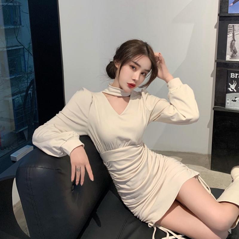 Đầm ôm tay dài màu sắc cổ điển phong cách thời trang Hàn Quốc cho nữ