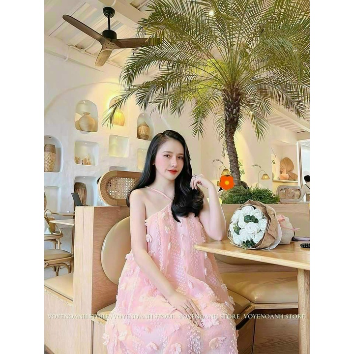 (FreeShip 2022) Đầm nữ cổ yếm,đầm hoa nổi from suông,chất xô 2 lớp hàng chuẩn shop,đi chơi đi tiệc đều chanh sả