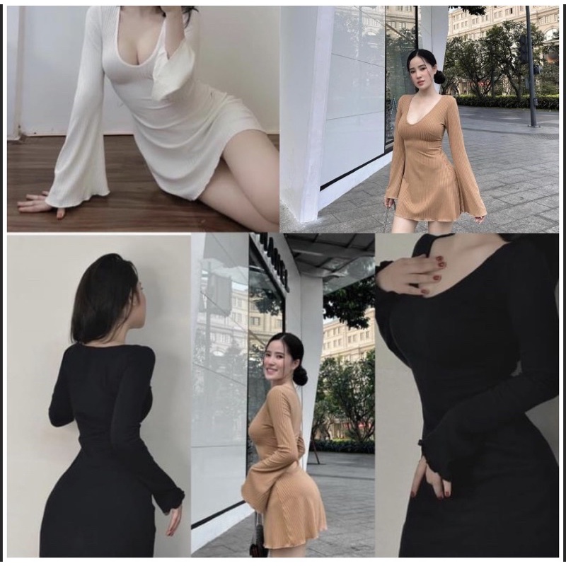 Đầm Body Dáng Chữ A Cổ Tim Tay Xoè
