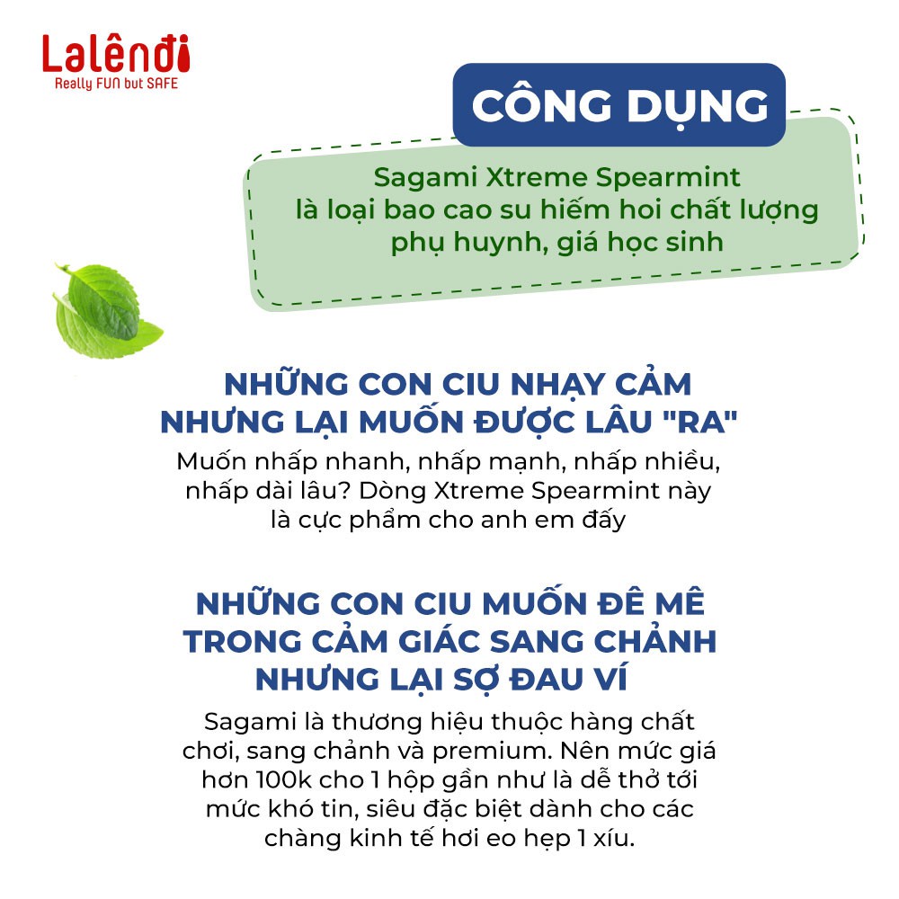 Bao cao su Bạc hà Sagami XTreme Spearmint 0.05mm siêu mỏng kéo dài thời gian (3 bao/hộp) Lalendi Store