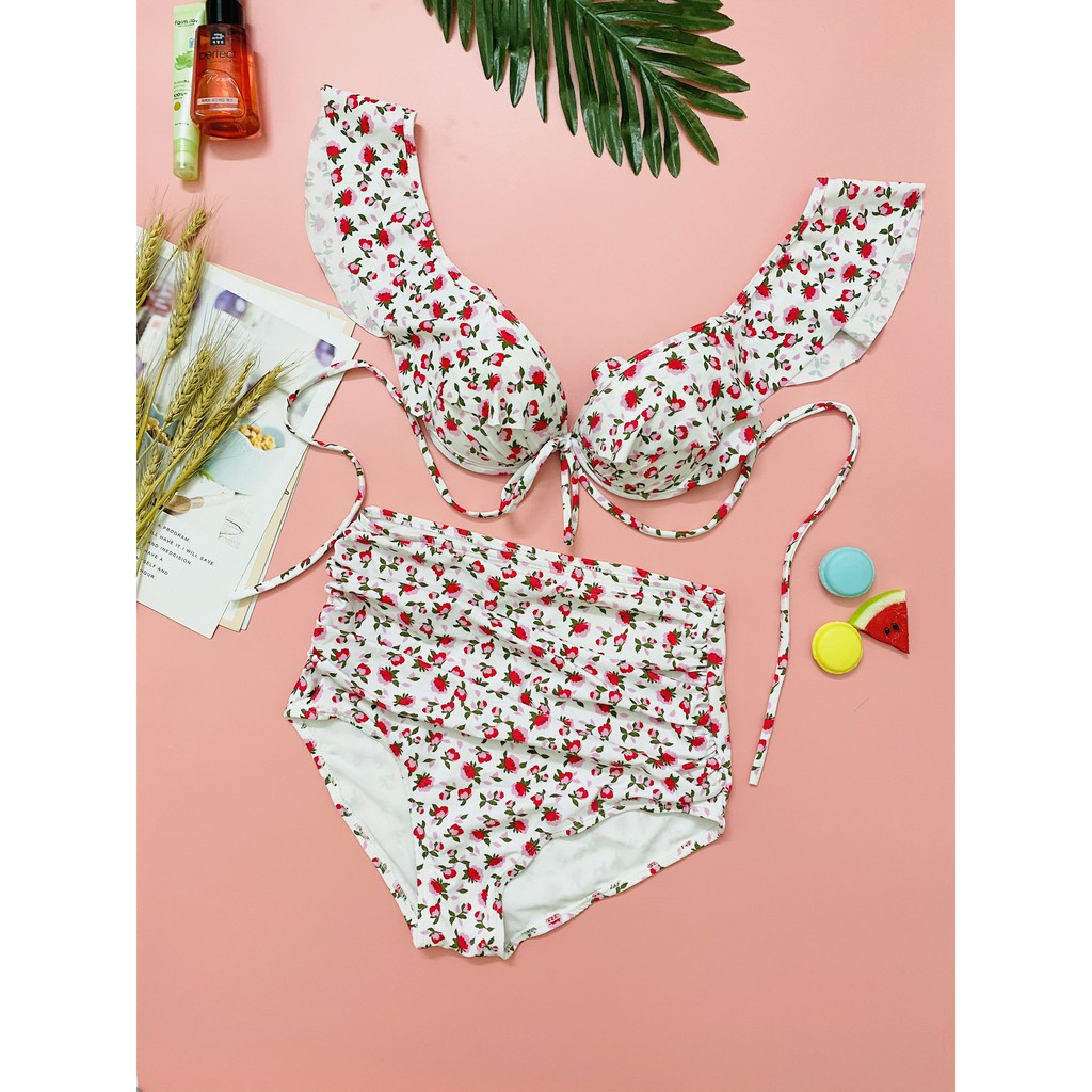 Đồ bơi, bikini hai cánh tiên ️Freeship️ nền trắng hoa hồng nhí mặc đi biển đi bơi đẹp