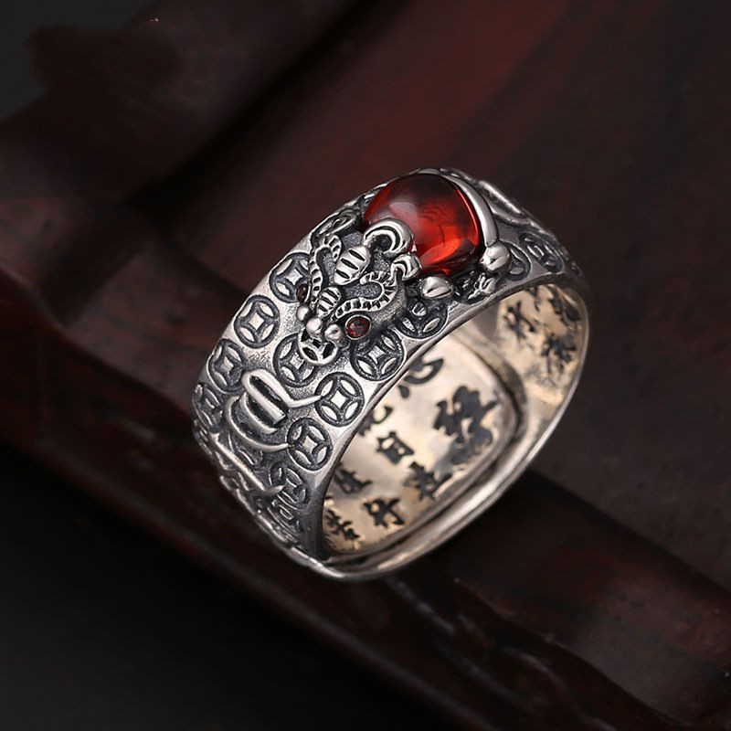 S999 sterling silver retro transfer lucky garnet Nhẫn Pixiu nam nhân cách độc đoán thần chú sáu ký tự Tâm Kinh