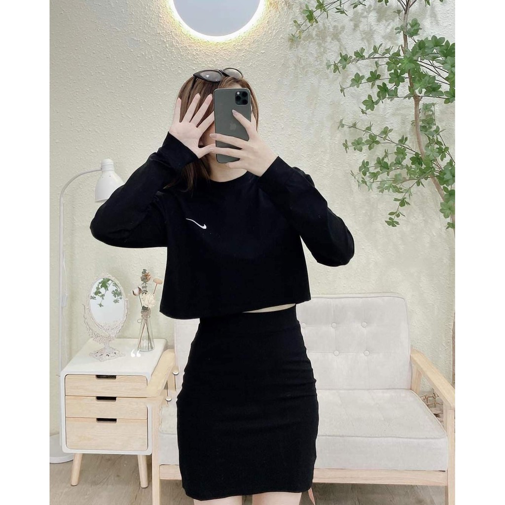 Set áo thun croptop tay dài và chân váy chữ A chất bozip mềm mịn_VIETVENUS