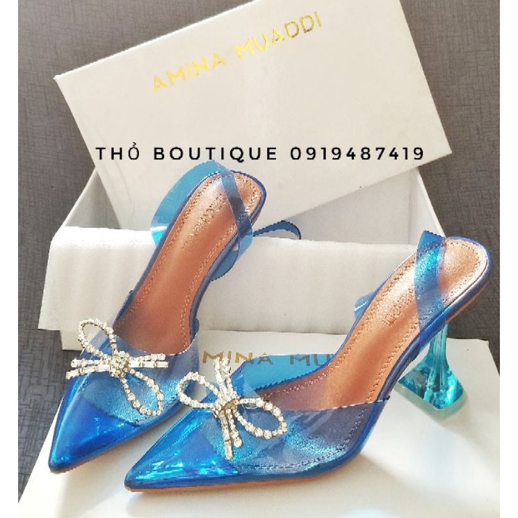 Giày cao gót Amina Mua.ddi xuất xịn nhựa trong suốt màu xanh blue tag nơ đính đá gót tam giác 7cm size 37