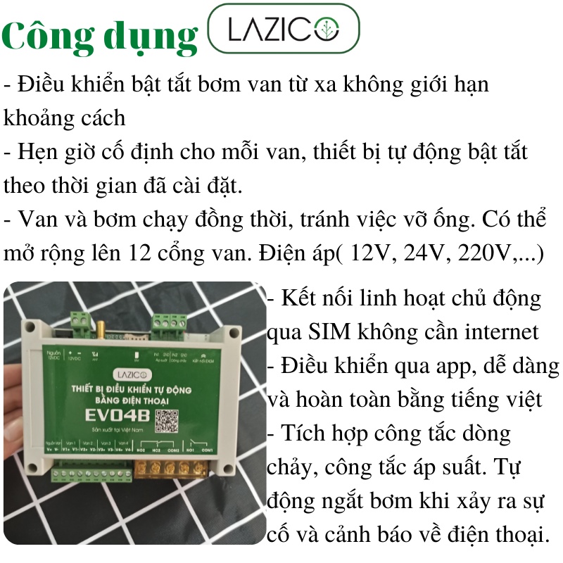 Điều khiển từ xa máy bơm 220V và 4 van điện từ qua điện thoại, bơm van chạy tự động LAZICO EV04B