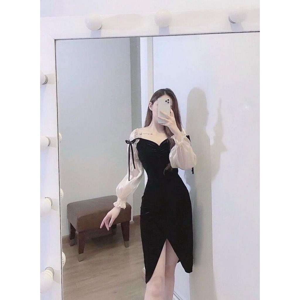 Váy nhung body pha tay nhũ ánh rúm ngực