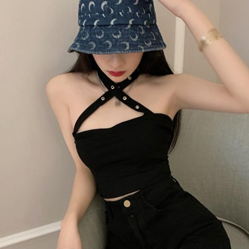 Áo croptop hai dây đắp chéo màu trơn phong cách gợi cảm sành điệu cho nữ