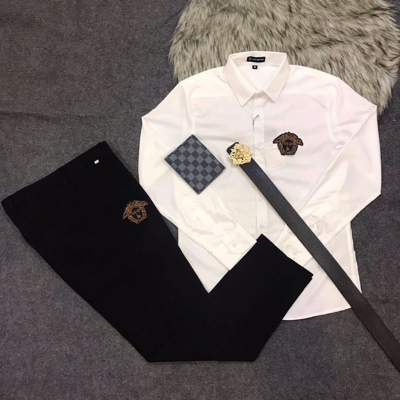 Bộ quần tây áo sơ mi nam thêu hoạ tiết form hàn quốc, hàng y hình