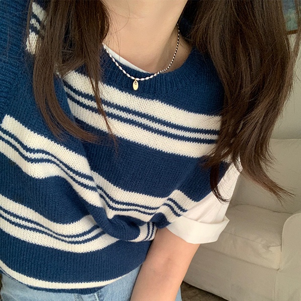 SUXI Áo Len Không Tay Cổ Chữ V Họa Tiết Kẻ Sọc Thời Trang Hàn Quốc Dễ Phối Đồ Cho Nữ