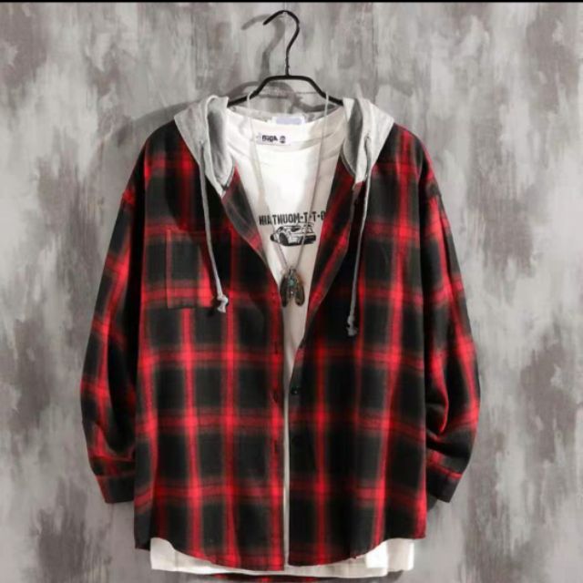 ÁO KHOÁC SƠ MI FLANEL KẺ CARO CÓ NÓN UNISEX TT30