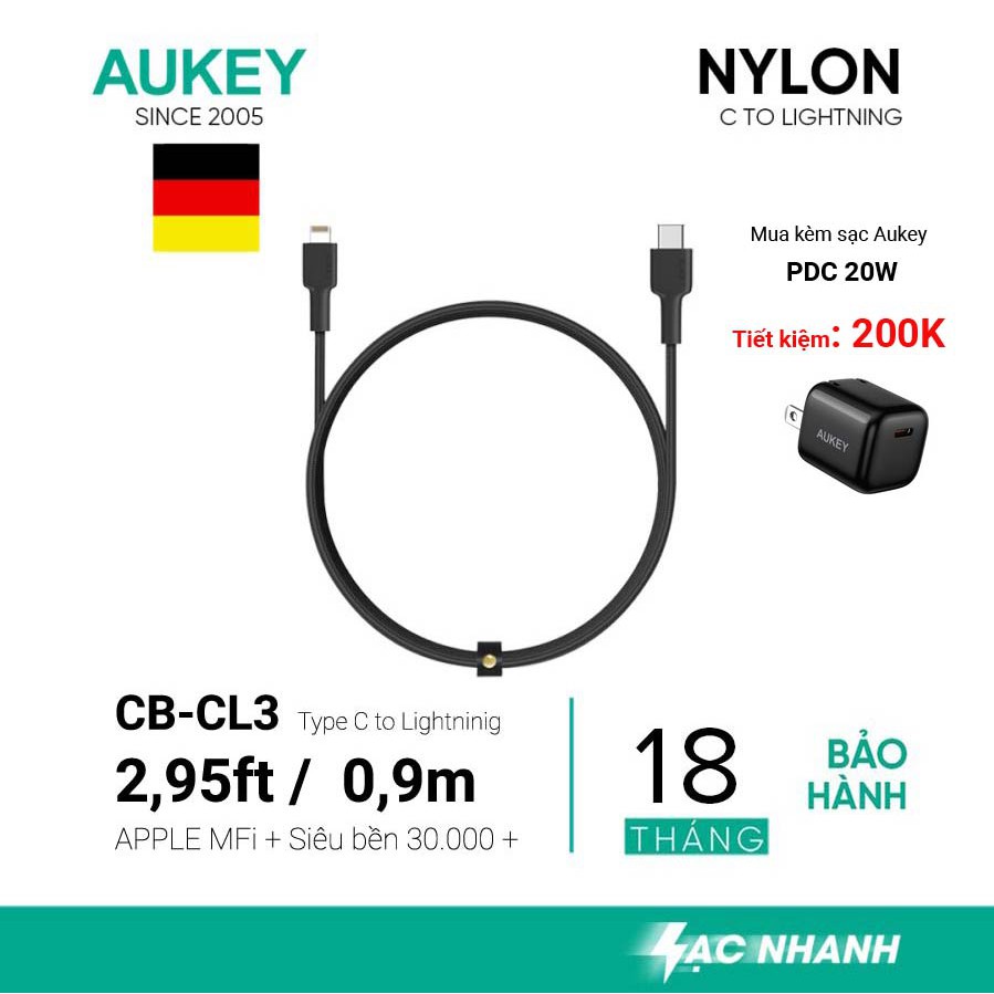 Hàng chính hãng - Cáp sạc nhanh Iphone hiệu AUKEY MFI chuẩn PD cổng TypeC to Lightning, CB-CL3, 0,9m (đen)