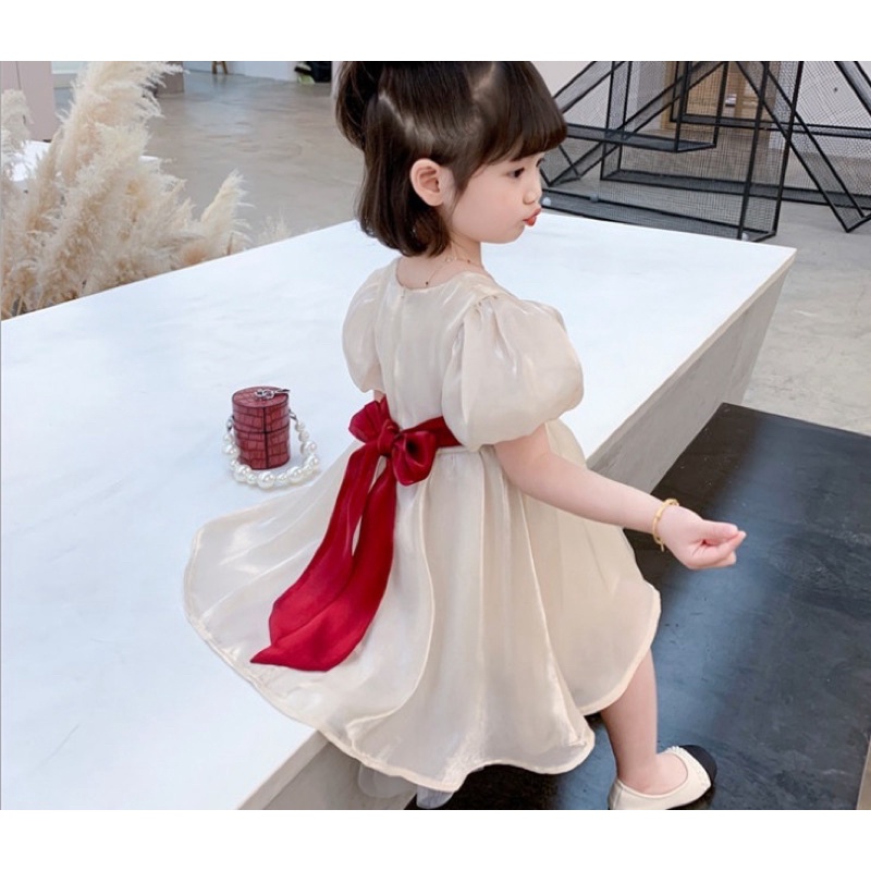 Đầm váy công chúa voan tơ tay bồng phối nơ đỏ cho bé gái xinh xắn dễ thương 10-28kg