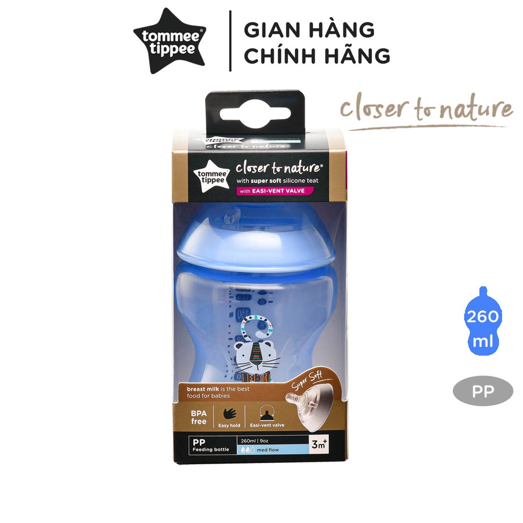 Bình sữa ty siêu mềm tự nhiên Tommee Tippee Closer to Nature 260ml, núm ty đi kèm 3-6 tháng – Xanh dương