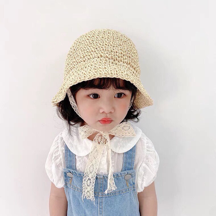 Mũ cói cho bé gái và bé trai có dây rút bên trong nón để vừa với vòng đầu bé
