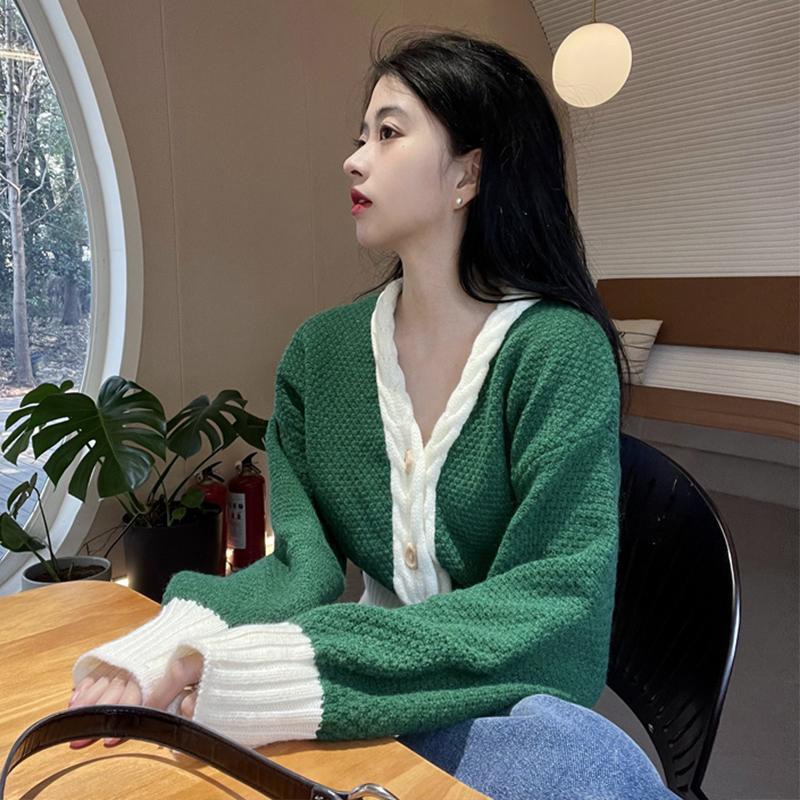 Áo Khoác Cardigan Dệt Kim Tay Phồng Màu Sắc Tương Phản Phong Cách Retro Thời Trang Thu Đông
