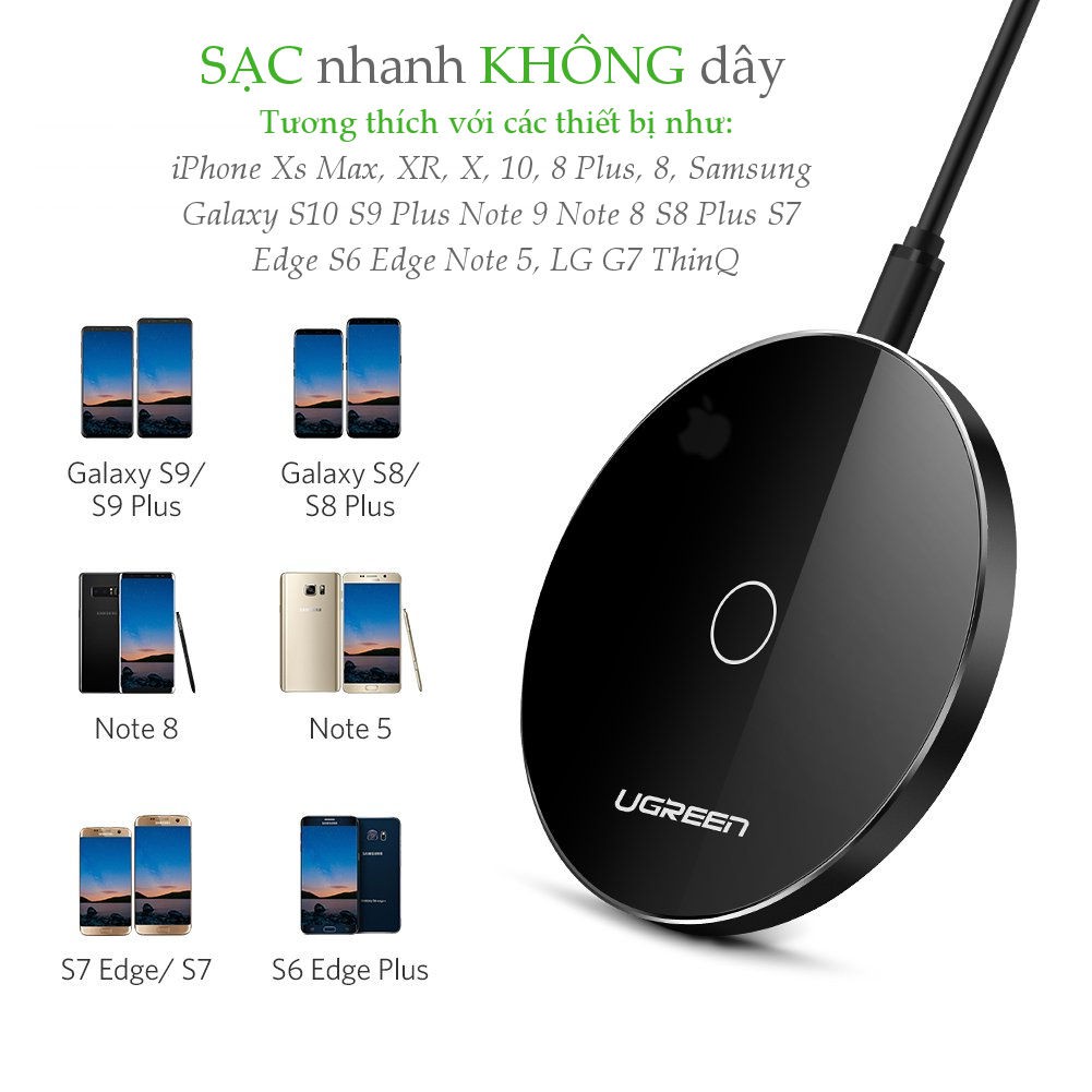 Sạc nhanh không dây, thông minh UGREEN CD181 50572 cho iPhone 8/8+/X/XS/XS max/XR (7.5W/10W), hỗ trợ cả khi có vỏ ốp