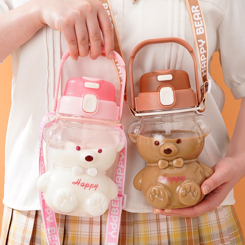 Bình đựng nước uống hình gấu siêu dễ thương,Dung tích 1 lít tặng kèm dây đeo và sticker, Chất liệu an toàn không độc hại