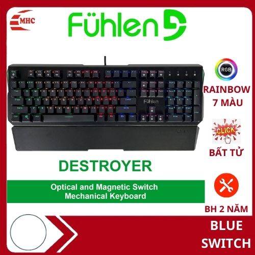 Bàn phím cơ Blue switch Fuhlen D (Destroyer), Phím Gaming Led RGB 7 màu RAINBOW