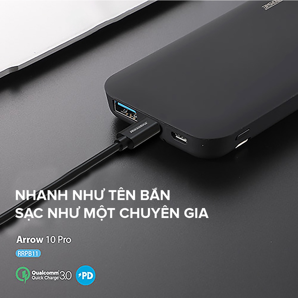 Sạc Dự Phòng 10000mAh ROCKROSE Arrow 10 Pro QC 3.0 - Cổng USB A/ Type C Sạc Nhanh Cho Iphone/ Android