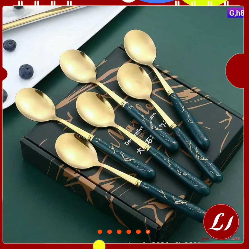 Bộ 6 THÌA  VẤN ĐÁ màu xanh  có hộp sang trọng, cán dài tiện lơi - Labi