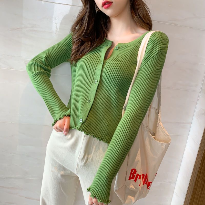 Áo Khoác Cardigan Dệt Kim Mỏng Tay Dài Cổ Tròn Viền Gợn Sóng Nhiều Màu Lựa Chọn Phong Cách Hàn Quốc