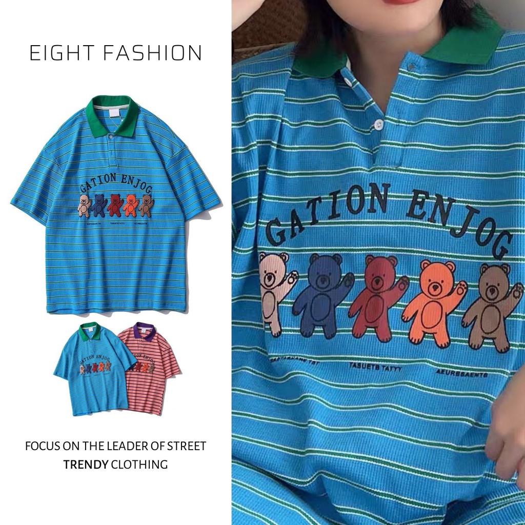 Áo Thun Tay Lỡ Cặp Có Cổ Màu Tương Phản Sọc Ngang In Hình 4 Chú Gấu Cute Có Nút Gài ÁO POLO EIGHTFASHION TC105