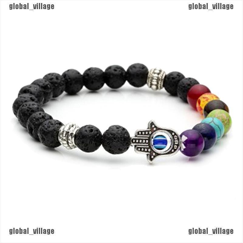 [global] Hamsa Hand Chakra Gemstone Bracelet Lava Stone Crystal Reiki Healing Balancing [village]