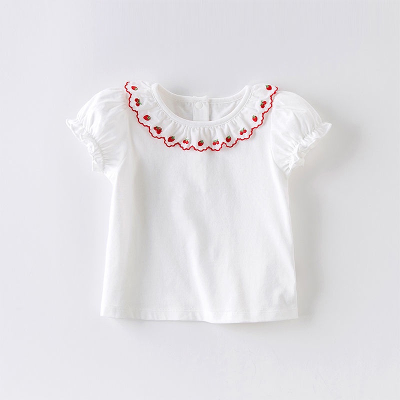 Áo Thun Cotton Cổ Thêu Họa Tiết Dễ Thương Thời Trang Mùa Hè Cho Bé Gái