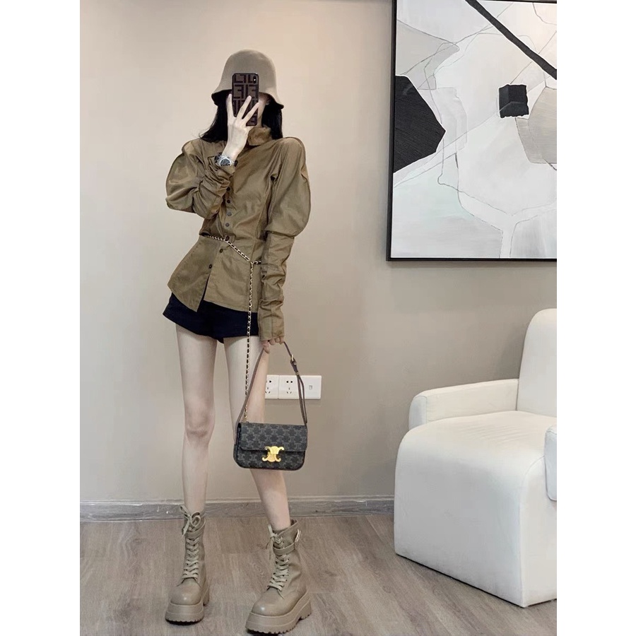 ÁO SƠ MI DÀI TAY ĐAI TÚI MÀU NÂU TÂY SIÊU XINH