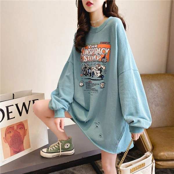 Áo Sweater Tay Dài Dáng Rộng Vải Cotton Mỏng In Họa Tiết Rách Thời Trang 2020 Cho Nữ