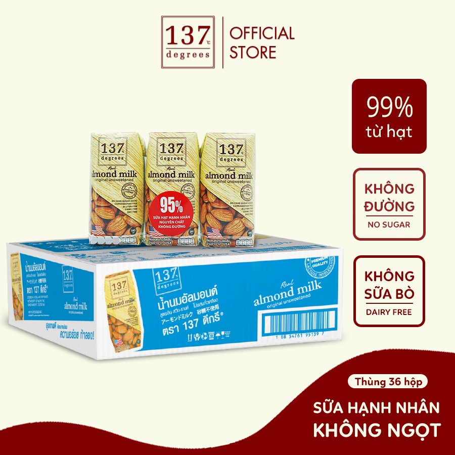 Thùng Sữa hạt Hạnh Nhân Không Đường 137 Degrees 180ml x 36hộp