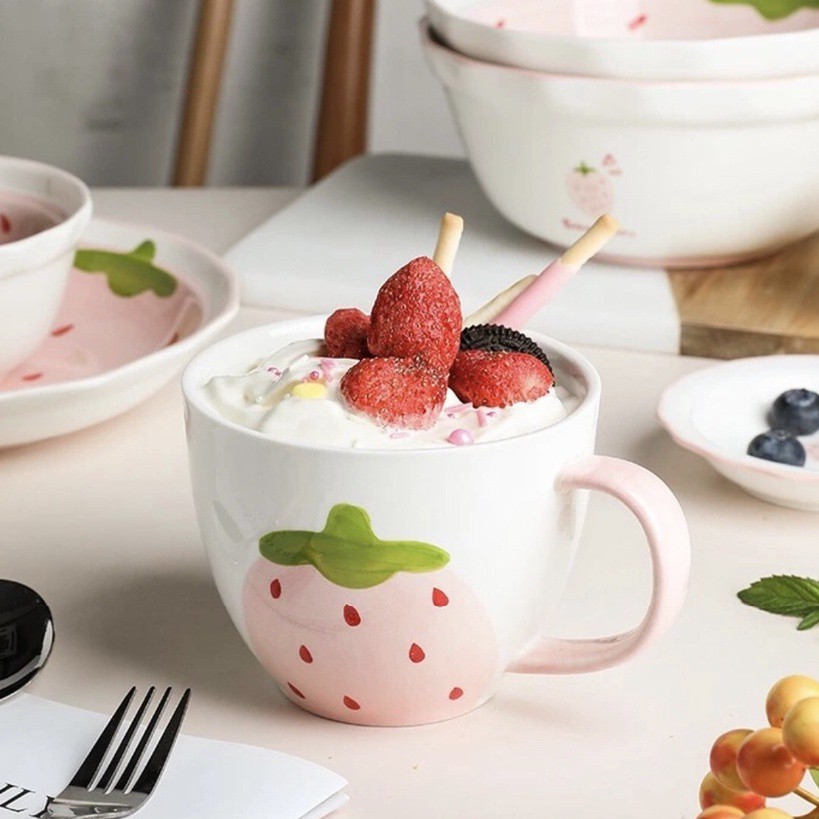 Bát Ăn Cơm 🥣 Bộ Bát Đĩa Sứ Dâu Hồng 🥣 Decor Chén Dĩa Dễ Thương Cute Cao Cấp B97