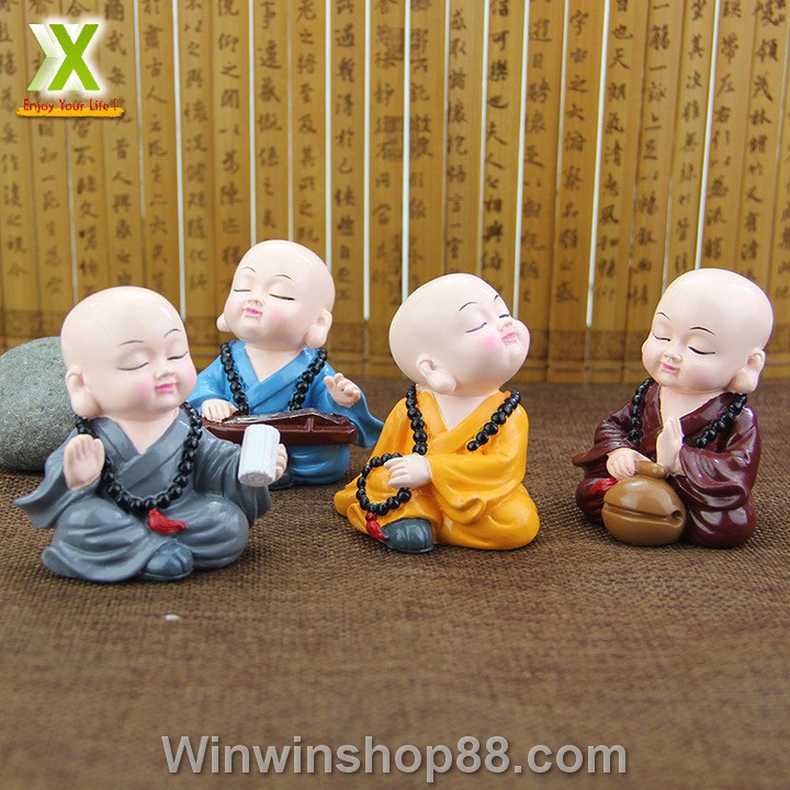 Bộ 4 tượng chú tiểu mini tụng kinh gõ mõ, trang trí bàn làm việc taplo ô tô - Muasamhot1208