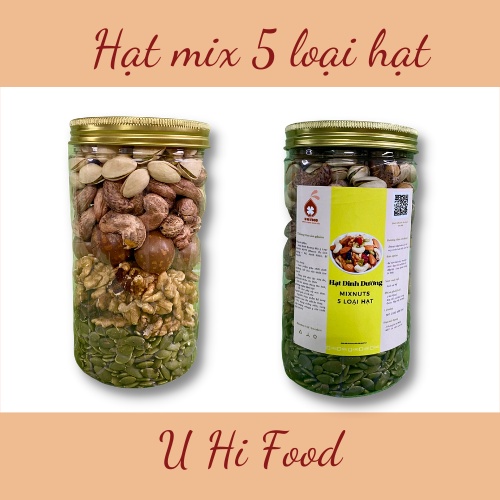 Hạt mix dinh dưỡng 5 loại gồm hạt macca, óc chó vàng, Điều rang muối, hạt bí xanh, hạt dẻ cười