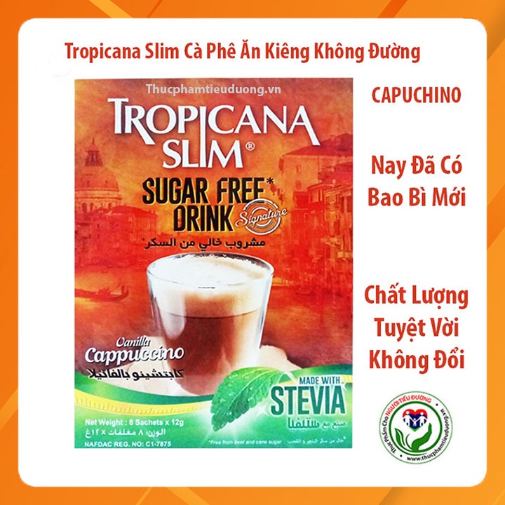 Cà phê ăn kiêng không đường chiết xuất từ lá cỏ ngọt Tropicana Slim Capuccino 96g (8 x 12g)