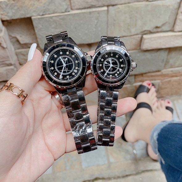 ĐỒNG HỒ NỮ UNISEX DÂY ĐÁ CERAMIC - MÀU ĐEN/TRẮNG - VỎ SILVER - SIZE 34MM VÀ 40MM