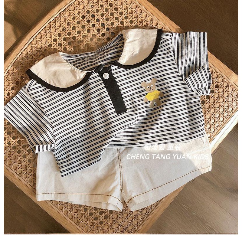 Bộ Áo Thun Tay Ngắn Kèm Quần Ngắn In Hình Gấu Dễ Thương Phong Cách Hàn Quốc Thời Trang Mùa Hè Cho Bé Gái