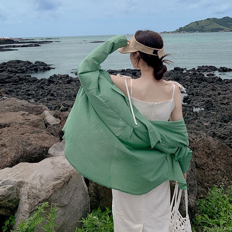 Trang phục peppermint 44982 áo sơ mi tay dài dáng rộng màu xanh lá cột dây/ đầm dài phong cách mới