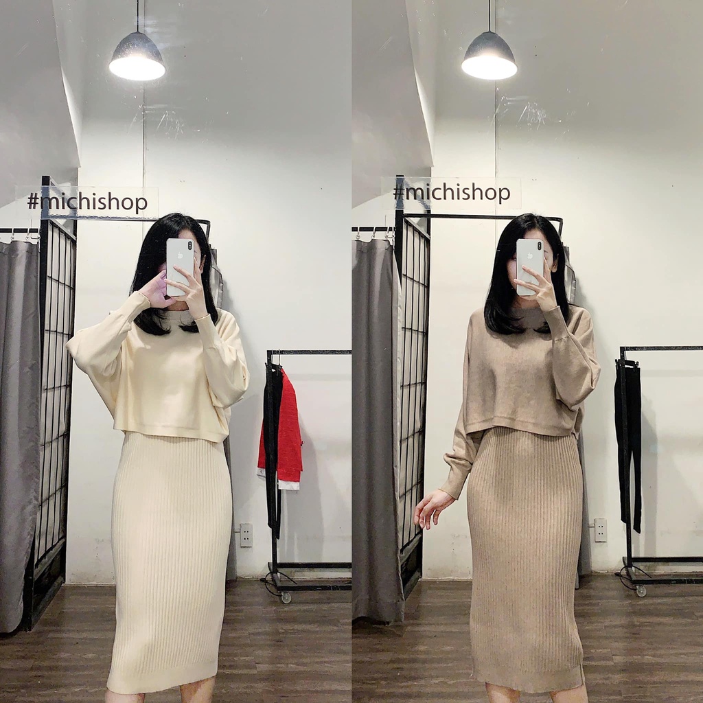 Set váy len 2 dây kèm áo len croptop - 84V08