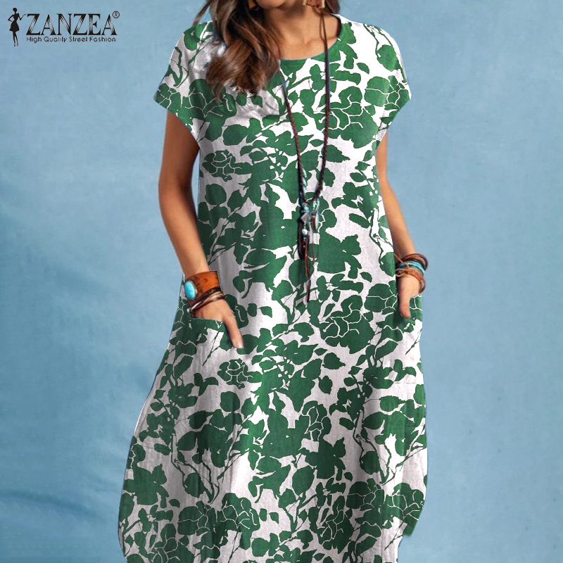 Zanzea Đầm Midi Tay Ngắn Cổ Tròn In Họa Tiết Hoa Phong Cách Bohemian Thời Trang Cho Nữ