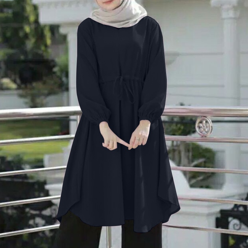 ZANZEA Áo Kiểu Dài Tay Màu Trơn Cột Dây Eo Thanh Lịch Cho Phụ Nữ Hồi Giáo
