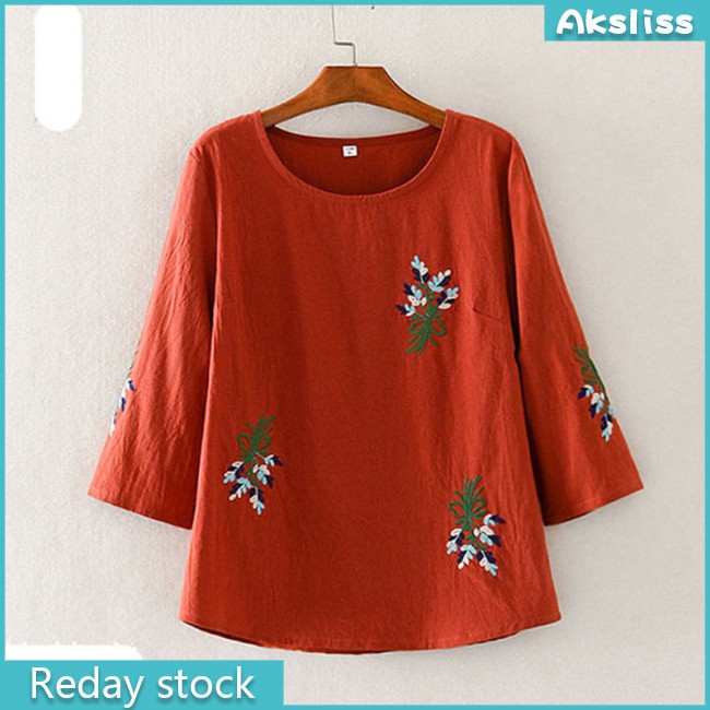 aksdiss New stock HOT! Women  Milk  Silk  T-shirt Embroidery Solid Background Large Size Seventh-sleeve Loose T-shirt