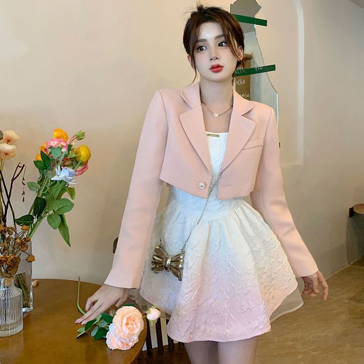 Set đầm và áo khoác phối nơ lớn thười trang mùa thu xinh xắn cho nữ
